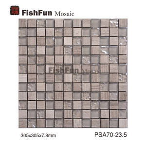 Marble and Glass Mosaic 23.5*23.5*7.8, Grey Wood Grain Marble Mosaic, Grey Marble and Glass Mosaic, Polished Surface, Garden & Balcony Marble and Glass Mosaic, Kitchen Marble and Glass Mosaic