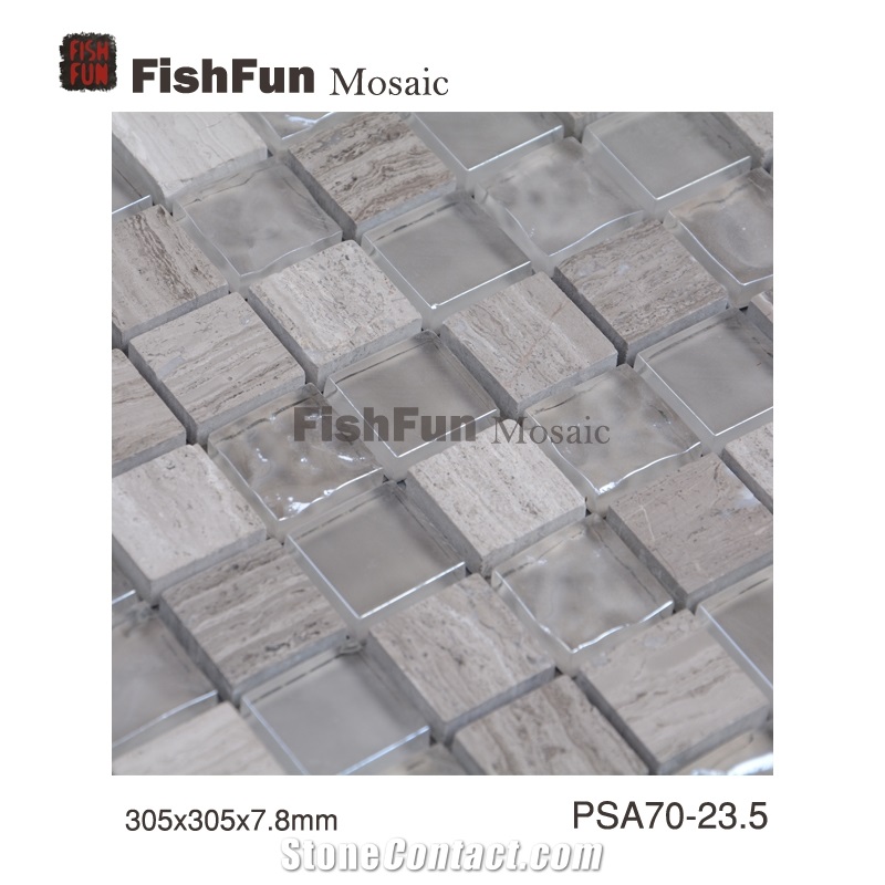Marble and Glass Mosaic 23.5*23.5*7.8, Grey Wood Grain Marble Mosaic, Grey Marble and Glass Mosaic, Polished Surface, Garden & Balcony Marble and Glass Mosaic, Kitchen Marble and Glass Mosaic
