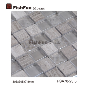 Marble and Glass Mosaic 23.5*23.5*7.8, Grey Wood Grain Marble Mosaic, Grey Marble and Glass Mosaic, Polished Surface, Garden & Balcony Marble and Glass Mosaic, Kitchen Marble and Glass Mosaic