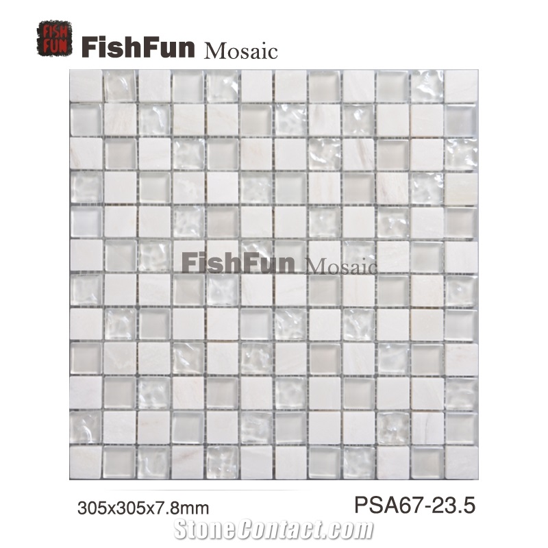 Marble and Glass Mosaic 23.523.57.8, White Marble and Glass Mosaic, Polished Surface, Garden & Balcony Marble and Glass Mosaic, Kitchen Marble and Glass Mosaic, Elevator Mosaic