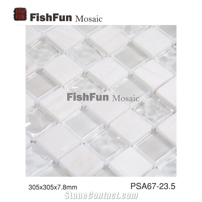 Marble and Glass Mosaic 23.523.57.8, White Marble and Glass Mosaic, Polished Surface, Garden & Balcony Marble and Glass Mosaic, Kitchen Marble and Glass Mosaic, Elevator Mosaic