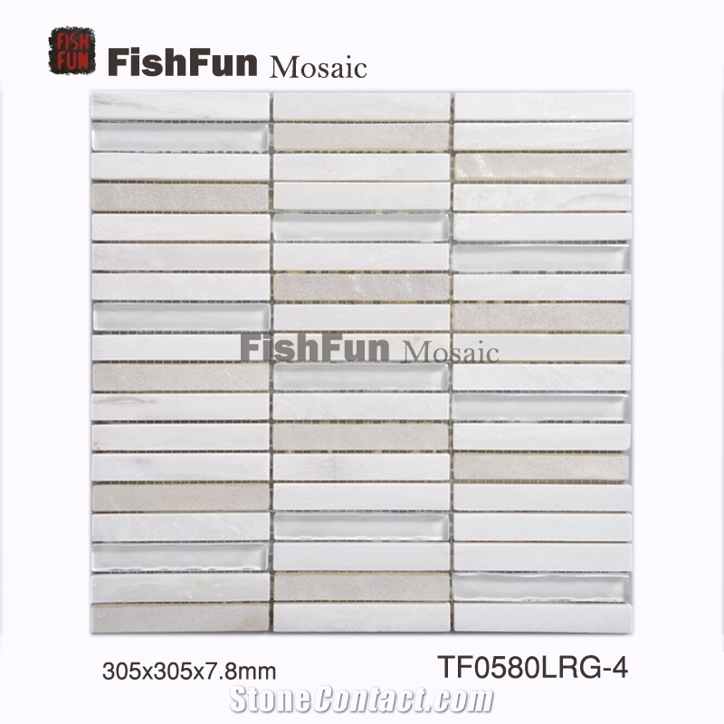 Marble and Glass Mosaic Tile 15*100*7.8, White Marble and Glass Mosaic Tile, Polished Surface, Garden & Balcony Marble and Glass Mosaic Tile, Kitchen Marble and Glass Mosaic Tile, Elevator Mosaic Tile