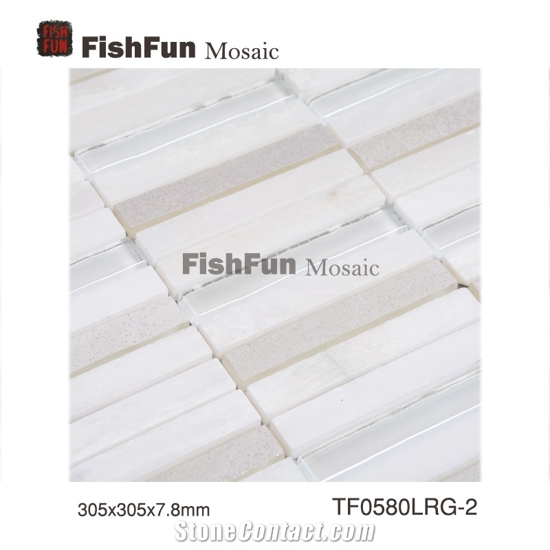 Marble and Glass Mosaic Tile 15*100*7.8, White Marble and Glass Mosaic Tile, Polished Surface, Garden & Balcony Marble and Glass Mosaic Tile, Kitchen Marble and Glass Mosaic Tile, Elevator Mosaic Tile