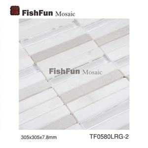 Marble and Glass Mosaic Tile 15*100*7.8, White Marble and Glass Mosaic Tile, Polished Surface, Garden & Balcony Marble and Glass Mosaic Tile, Kitchen Marble and Glass Mosaic Tile, Elevator Mosaic Tile