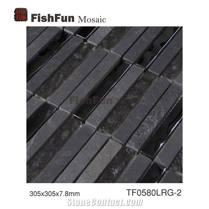 Slate and Glass Mosaic 15*100*7.8, Black Slate and Glass Mosaic, Polished Surface, Garden & Balcony Slate and Glass Mosaic, Kitchen Slate and Glass Mosaic, Elevator Mosaic