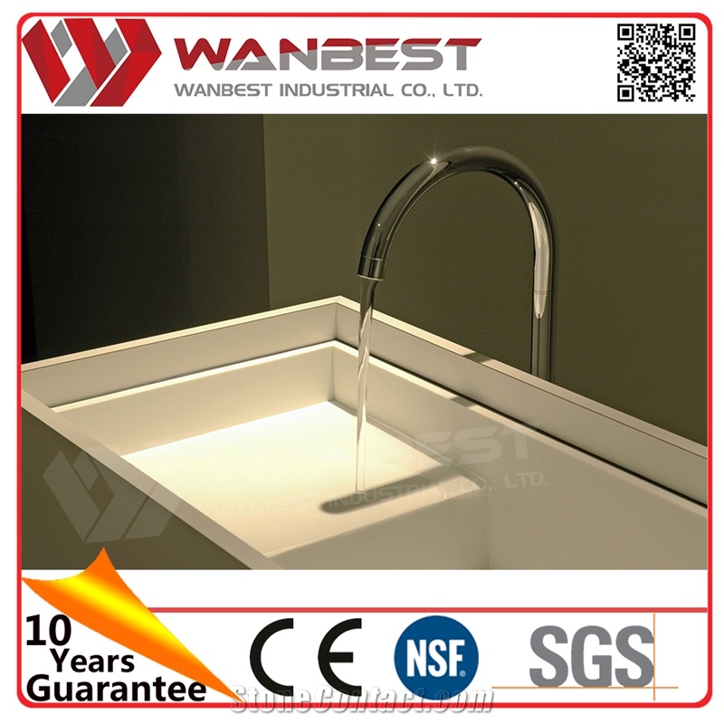 New Products on China Market Slim Bathroom Vanity High Gloss White Solid Surface Basin