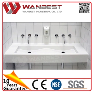 White Artificial Stone Wall Hung Durable Bathroom Sink with Two Faucets