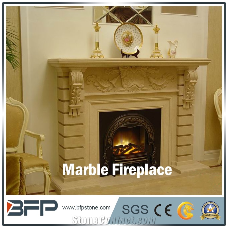 High End Beige Marble Antique Fireplace for Home Decoration