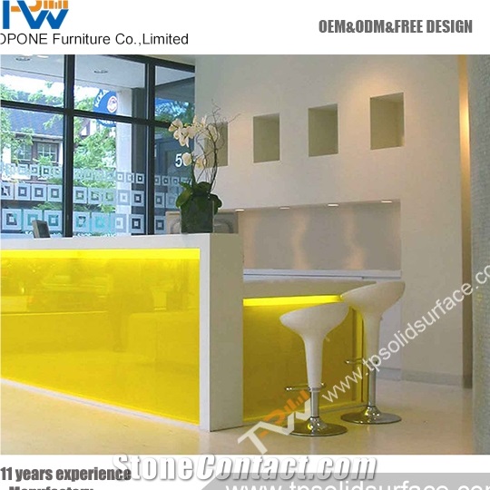 Straight Shape Gold Color Solid Surface/Man-Made Marble Reception Counter with Solid Surfact Stone Desk Tops