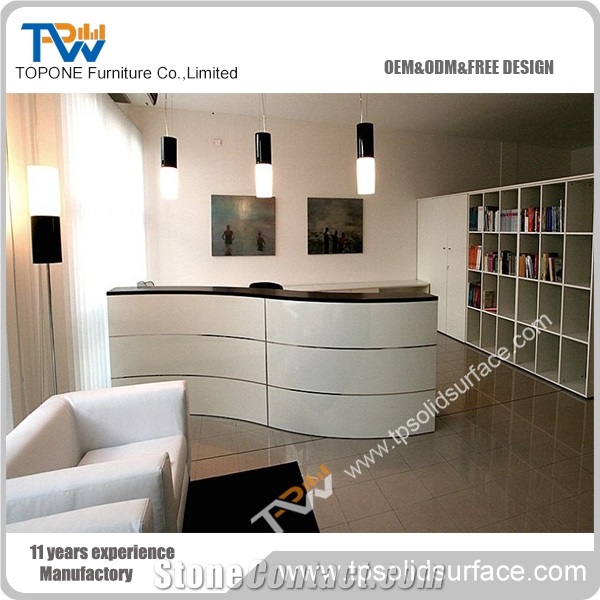 Straight Shape Gold Color Solid Surface/Man-Made Marble Reception Counter with Solid Surfact Stone Desk Tops