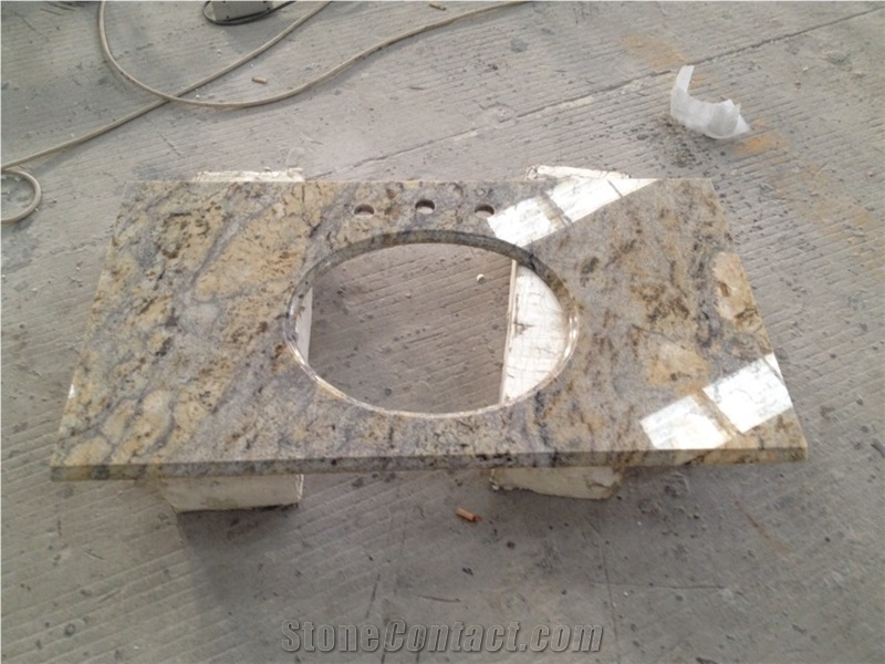 China Natural Stone Golden Crystal Granite Bathroom Countertop Bathroom Vanity Top ,China Yellow Granite High Polished Diamond Flowers Granite Stone