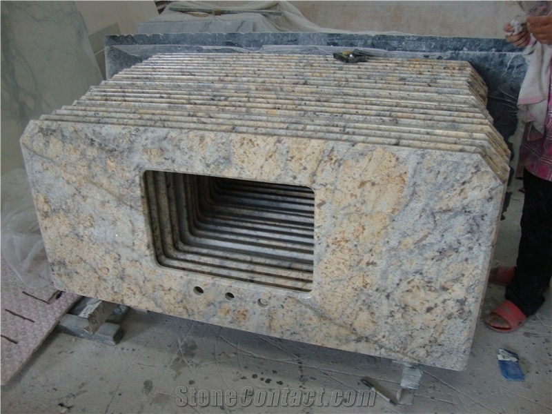 China Natural Stone Golden Crystal Granite Bathroom Countertop Bathroom Vanity Top ,China Yellow Granite High Polished Diamond Flowers Granite Stone