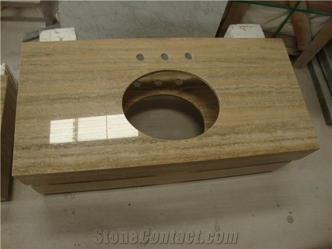 Silver Beige Travertine, Travertino Montemerano Polished Bath Countertop, Vanity Top with Beveled Edge, China Cheap Travetine Countertops