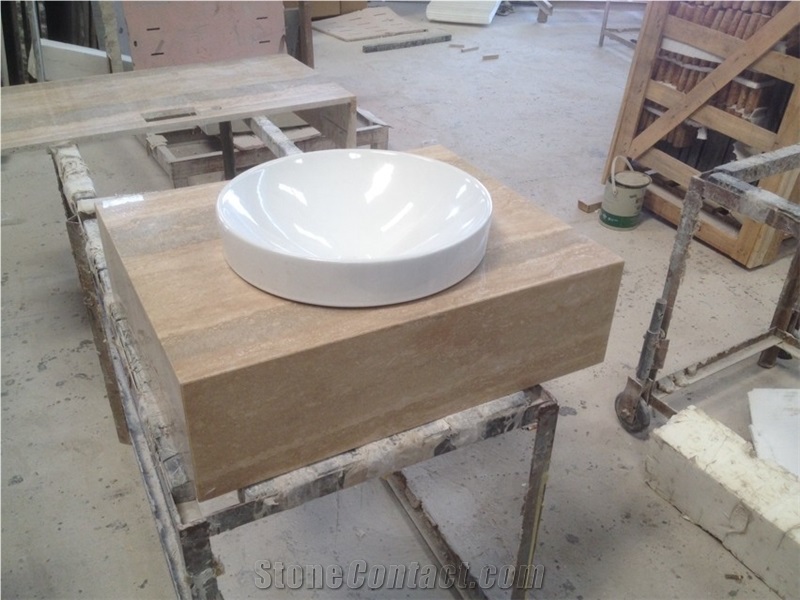 Silver Beige Travertine, Travertino Montemerano Polished Bath Countertop, Vanity Top with Beveled Edge, China Cheap Travetine Countertops