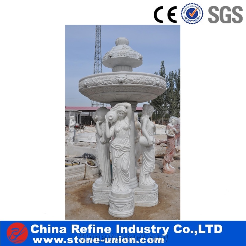 Big White Marble Water Fountain with Lion Head ,Marble Fountain Carved Lady Statue
