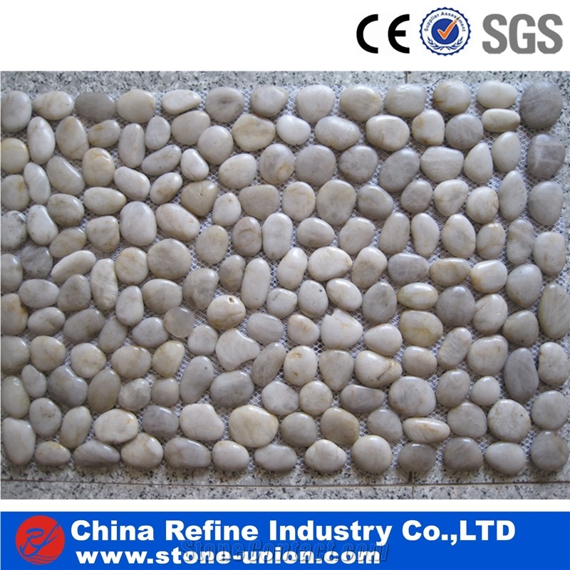 Polished Black Color Pebble Stone on Mesh, Flat River Pebbles,Different Sizes Polished Pebble River Stone for Decoration in Landscaping ,Garden