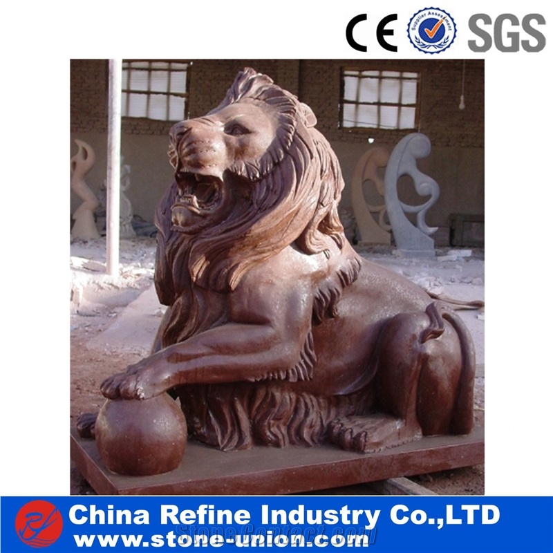 Stone Lion Statue for Sale, Red Marble Lion Statues, Life Size Lion Statue,Stone Lion Statue with Ball
