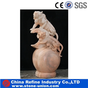 Stone Lion Statue for Sale, Red Marble Lion Statues, Life Size Lion Statue,Stone Lion Statue with Ball