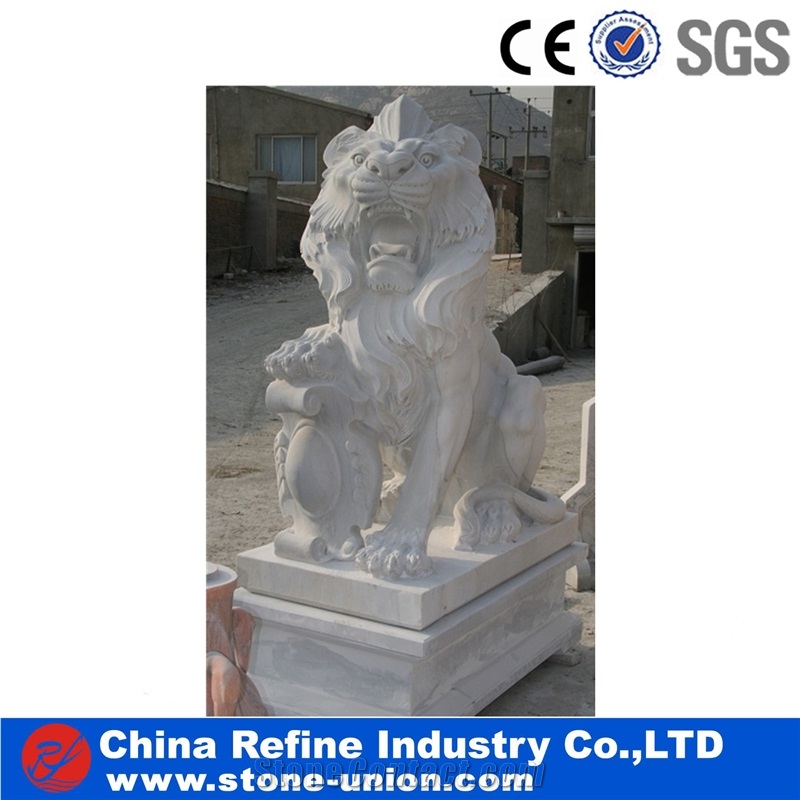 White Marble Lion Statue , Standing Lion Statue , Life Size Chinese Animal Statue