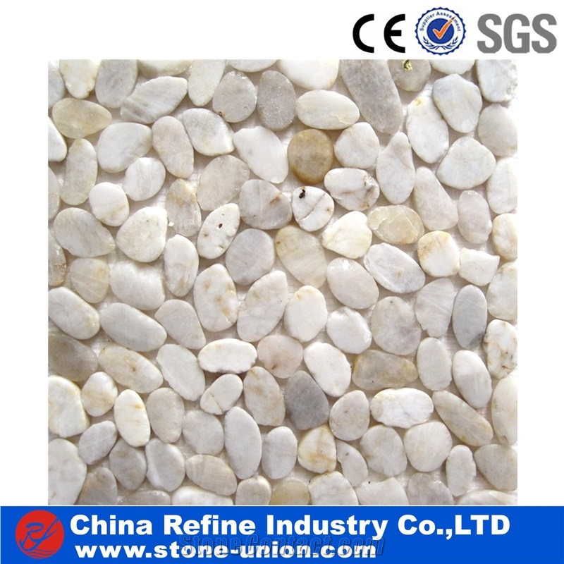 White Sliced Pebble Tile for Landscaping and Paving,Flat Pebble,Machine Customized Pebble Stone