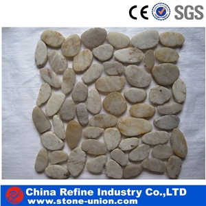 White Sliced Pebble Tile for Landscaping and Paving,Flat Pebble,Machine Customized Pebble Stone