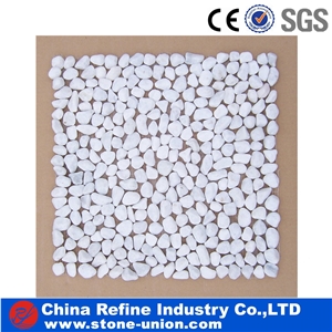 Wholesale Pure Snow White Pebbles on Mesh,White Cobblestone Mosaic Tiles,River Pebbles on Mesh Pattern,Walkway Paving Stone,Landscaping Pebbles