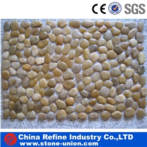 Yellow Flat Polished Pebble Tile on Mesh,Natural Pebble Mosaic Tiles,Different Sizes Polished Pebble River Stone for Decoration in Landscaping ,Garden