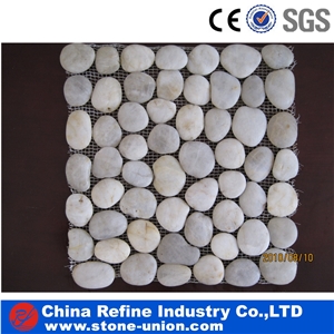 Yellow Flat Polished Pebble Tile on Mesh,Natural Pebble Mosaic Tiles,Different Sizes Polished Pebble River Stone for Decoration in Landscaping ,Garden