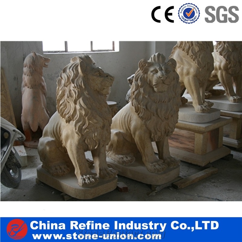 Yellow Limestone Sitting Lion Statue, Life Size Limestone Garden Lion Statue, Animal Sculpture Outdoor Lion Statue