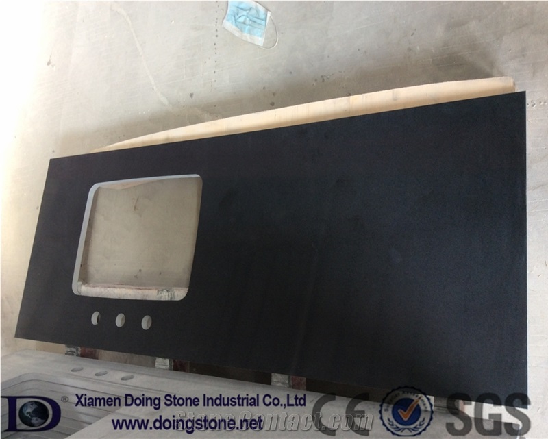 Pure Black Quartz Stone Countertop,Grain Quartz Stone Kitchen Worktop,2+2cm Custom Countertop,2cm Polished Countertop for Kitchen002