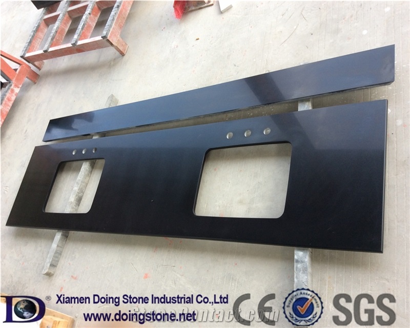 Pure Black Quartz Stone Countertop,Grain Quartz Stone Kitchen Worktop,2+2cm Custom Countertop,2cm Polished Countertop for Kitchen002