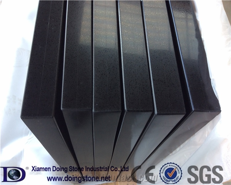 Pure Black Quartz Stone Countertop,Grain Quartz Stone Kitchen Worktop,2+2cm Custom Countertop,2cm Polished Countertop for Kitchen002