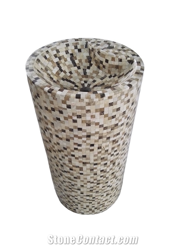 Marble Solid Surface Mosaic Basin Crema Marfil Pedestal Mosaic Basin for Bathroom