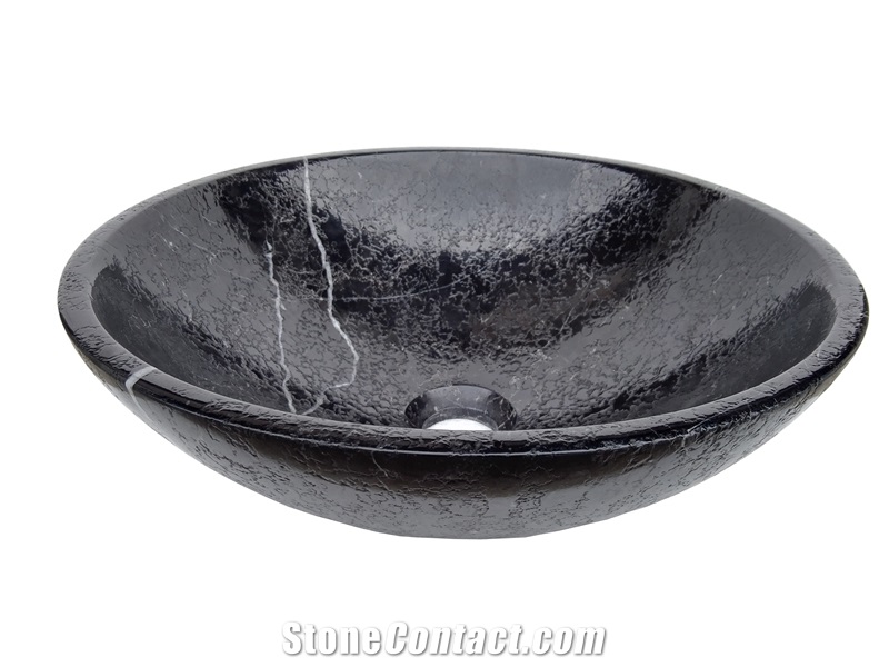 Solid Surface Black Marble Basin Leather Finished Black Marquina Round Sink for Bathroom Sink