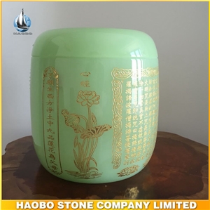 Wholesale Green Liuli Onyx Cremation Urns with Buddhist Texts Engraving