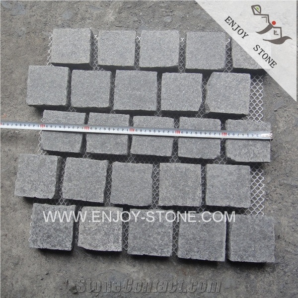 Brick Type Meshed G684 Black Flamed Granite Pavers, Raven Black Granite Paver on Mesh, Black Stone Cobblestone,Paving Stone for Driveway,Walkway Paving,Cobbles with the Mesh