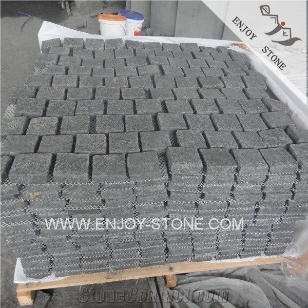 Brick Type Meshed G684 Black Flamed Granite Pavers, Raven Black Granite Paver on Mesh, Black Stone Cobblestone,Paving Stone for Driveway,Walkway Paving,Cobbles with the Mesh