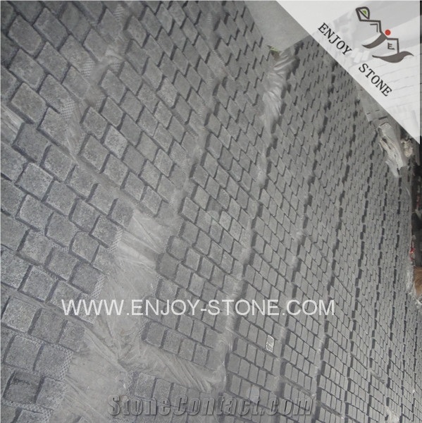 Brick Type Meshed G684 Black Flamed Granite Pavers, Raven Black Granite Paver on Mesh, Black Stone Cobblestone,Paving Stone for Driveway,Walkway Paving,Cobbles with the Mesh