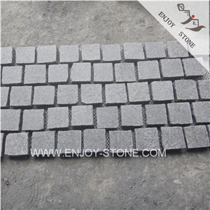 Brick Type Meshed G684 Black Flamed Granite Pavers, Raven Black Granite Paver on Mesh, Black Stone Cobblestone,Paving Stone for Driveway,Walkway Paving,Cobbles with the Mesh