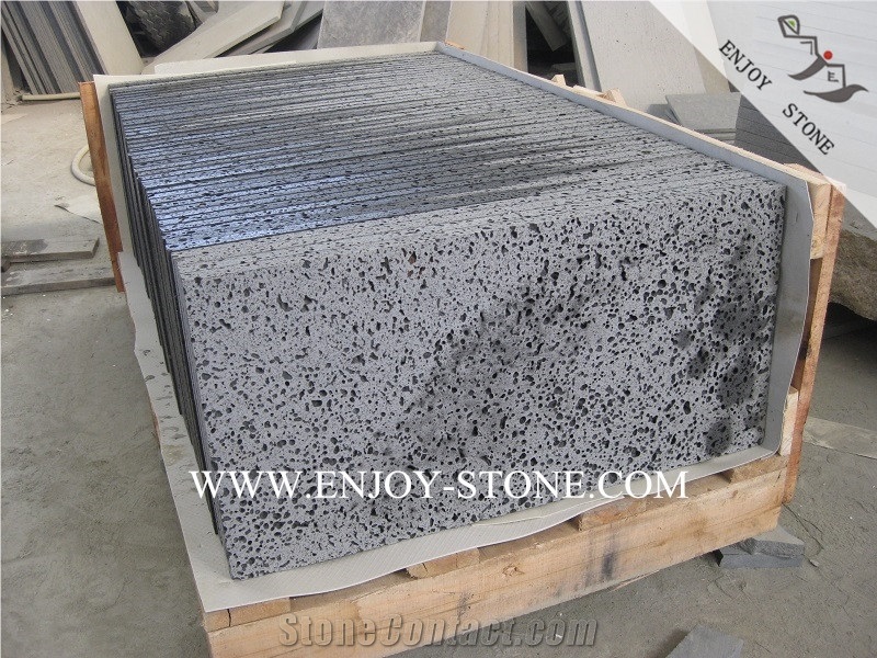 China Grey Volcanic Lava Stone,Machine Cut/Sawn Cut Hainan Big Holes Basalto Tiles&Slabs for Wall Covering, French Pattern