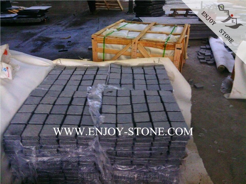 Chinese G654 Dark Grey Granite,Sesame Grey Granite Meshed Pavers,Flamed Top,Sides Natural Split Cobble Stone with Meshed Back for Exterior Pattern,Courtyard Road Pavers,Garden Stepping Pavements