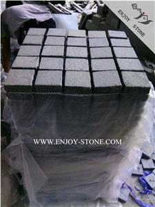Chinese G654 Dark Grey Granite,Sesame Grey Granite Meshed Pavers,Flamed Top,Sides Natural Split Cobble Stone with Meshed Back for Exterior Pattern,Courtyard Road Pavers,Garden Stepping Pavements
