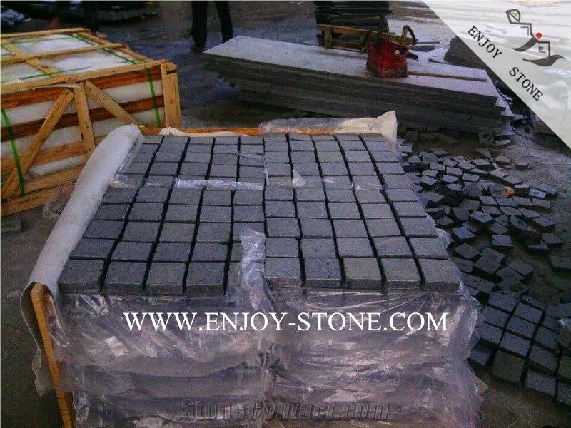 Chinese G654 Dark Grey Granite,Sesame Grey Granite Meshed Pavers,Flamed Top,Sides Natural Split Cobble Stone with Meshed Back for Exterior Pattern,Courtyard Road Pavers,Garden Stepping Pavements