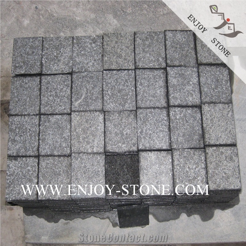 Flamed Cobble G684 Fuding Black, Black Basalt, Black Pearl Basalt, Black Basalt, Flamed Tile/Cut to Size,Flamed Slabs/Cobble/Cube Stone/Flooring/Walling/Pavers/Cobblestone with Mesh
