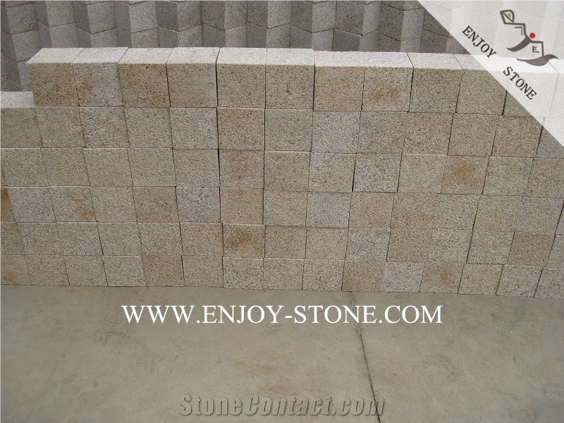 G682 Yellow Rusty Granite Cobble Stone,China Yellow Granite Cube,Paving Sets,Bush Hammered Surface,Other Sides Sawn Cut