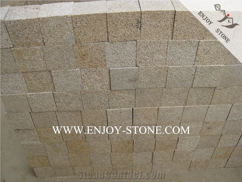 G682 Yellow Rusty Granite Cobble Stone,China Yellow Granite Cube,Paving Sets,Bush Hammered Surface,Other Sides Sawn Cut
