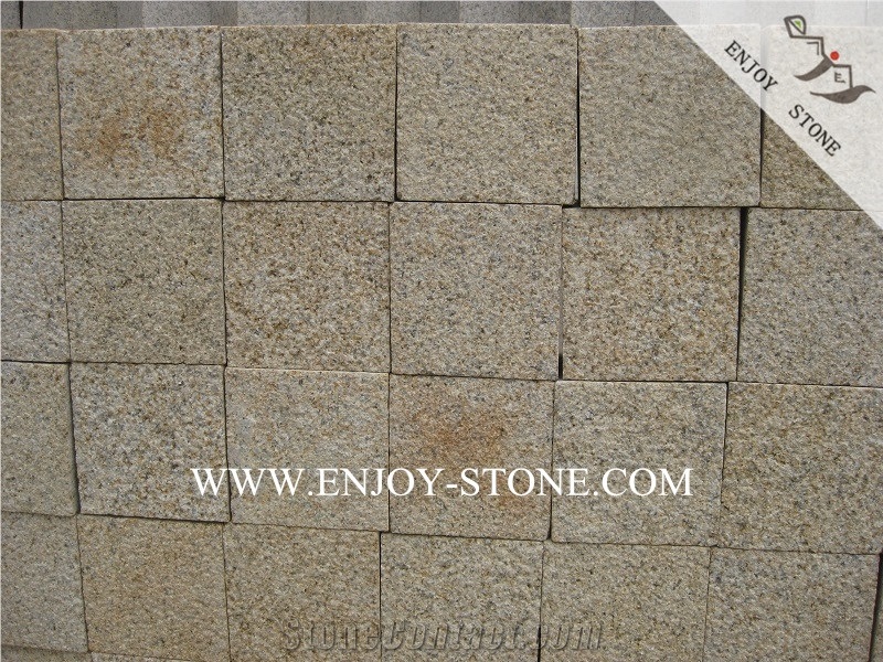 G682 Yellow Rusty Granite Cobble Stone,China Yellow Granite Cube,Paving Sets,Bush Hammered Surface,Other Sides Sawn Cut