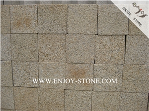 G682 Yellow Rusty Granite Cobble Stone,China Yellow Granite Cube,Paving Sets,Bush Hammered Surface,Other Sides Sawn Cut