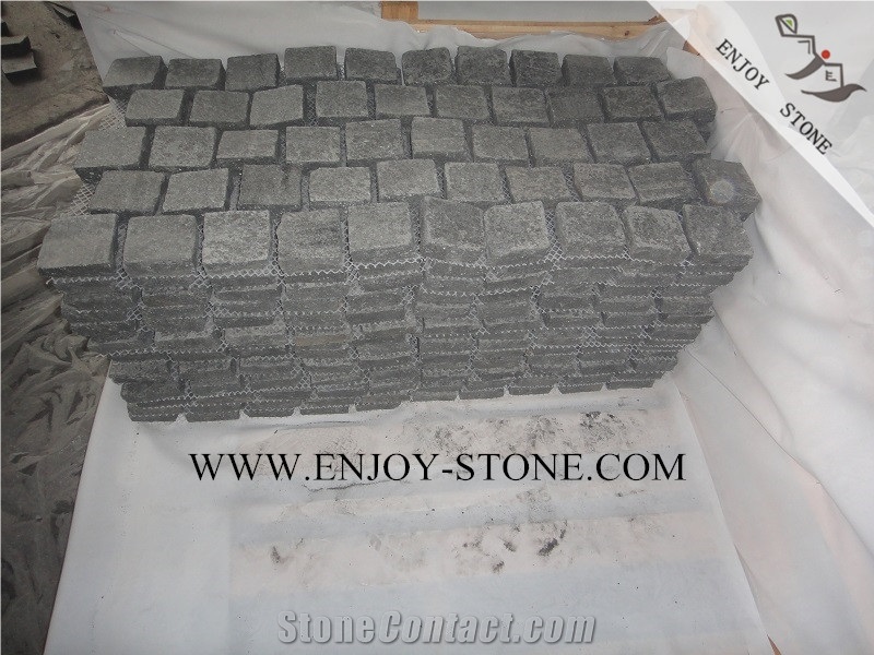 Meshed G684 Black Flamed Granite Cobble Stone,Flamed Surface&Natural Split Sides, Black Paving Sets on Mesh for Landscaping&Garden Decoration