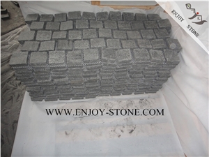 Meshed G684 Black Flamed Granite Cobble Stone,Flamed Surface&Natural Split Sides, Black Paving Sets on Mesh for Landscaping&Garden Decoration